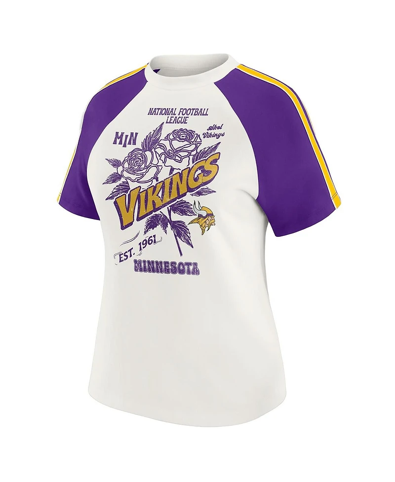 Wear by Erin Andrews Women's White Minnesota Vikings Sleeve Stripe Distressed Raglan T-Shirt