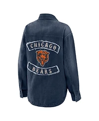 Wear by Erin Andrews Women's Denim Chicago Bears Washed Oversized Full-Snap Shacket