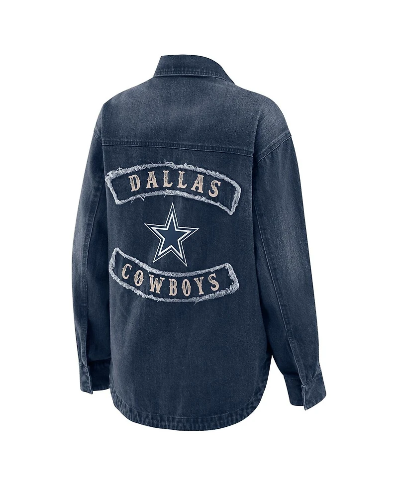 Wear by Erin Andrews Women's Denim Dallas Cowboys Washed Oversized Full-Snap Shacket
