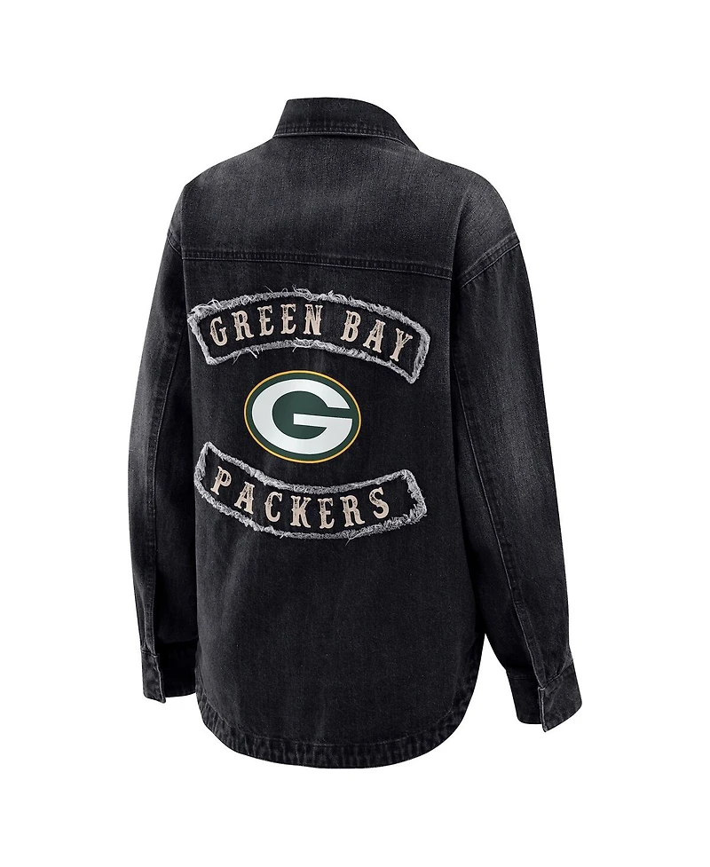 Wear by Erin Andrews Women's Black Green Bay Packers Washed Oversized Denim Full-Snap Shacket