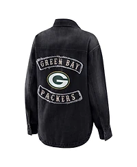 Wear by Erin Andrews Women's Black Green Bay Packers Washed Oversized Denim Full-Snap Shacket