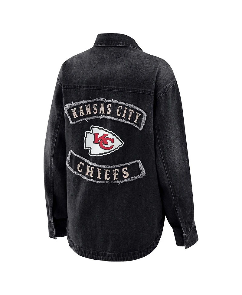 Wear by Erin Andrews Women's Black Kansas City Chiefs Washed Oversized Denim Full-Snap Shacket