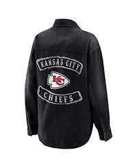 Wear by Erin Andrews Women's Black Kansas City Chiefs Washed Oversized Denim Full-Snap Shacket