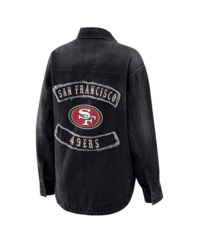 Wear by Erin Andrews Women's Black San Francisco 49ers Washed Oversized Denim Full-Snap Shacket