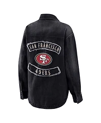 Wear by Erin Andrews Women's Black San Francisco 49ers Washed Oversized Denim Full-Snap Shacket