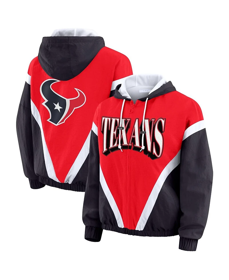 Wear by Erin Andrews Women's Red/Navy Houston Texans Retro Crinkle Full-Zip Hoodie Windbreaker Jacket