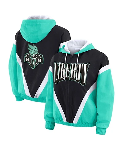Wear by Erin Andrews Women'sMint/Black New York Liberty Color Block Full-Zip Hoodie Windbreaker Jacket