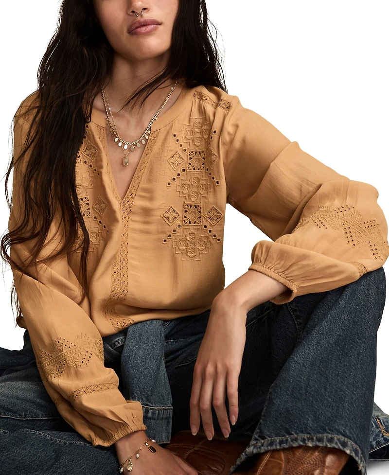 Lucky Brand Women's Embroidered Peasant Long Sleeve Top