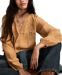 Lucky Brand Women's Embroidered Peasant Long Sleeve Top