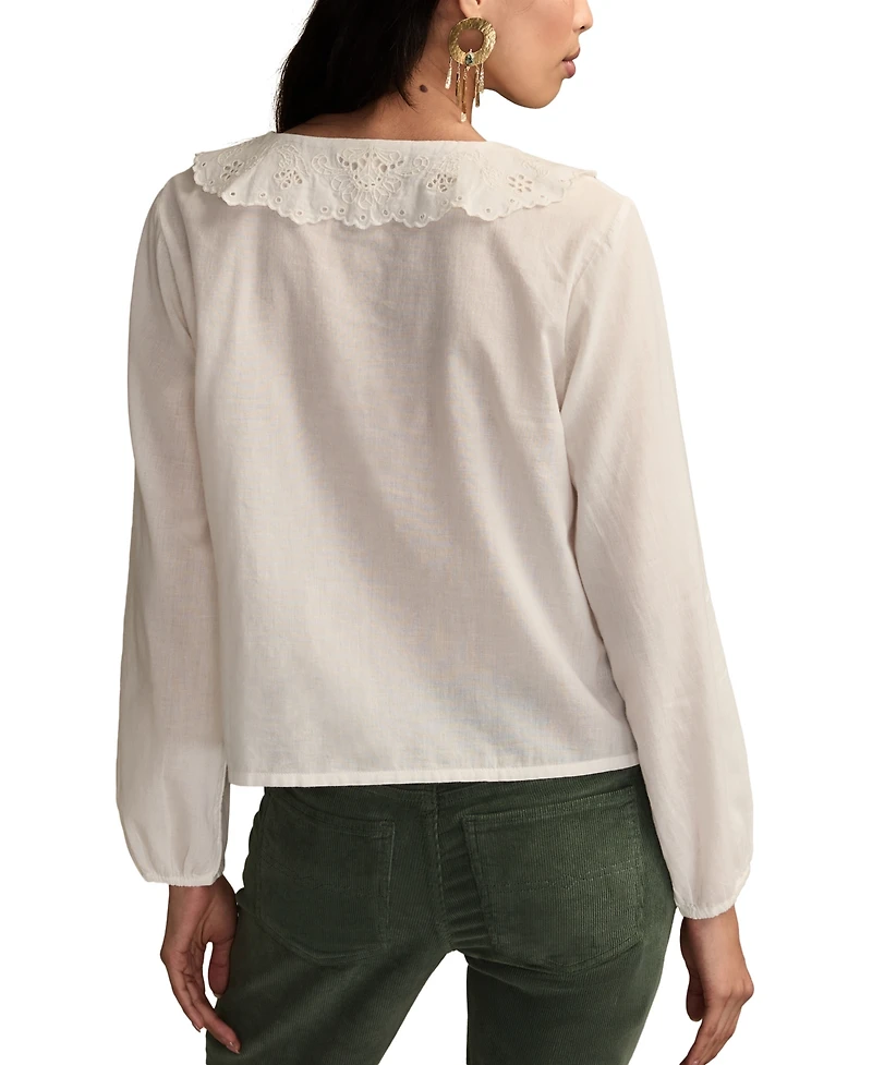 Lucky Brand Women's Cutwork Peter Pan Collar Top