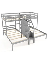 Gymax Wooden Twin Over Twin & Twin Bunk Bed w/ 4-Step Storage Staircase Guardrail