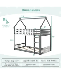Gymax Twin Over Twin Bunk Bed w/ Fence & Ladder Solid Wood Floor Bunk Bed for Kids