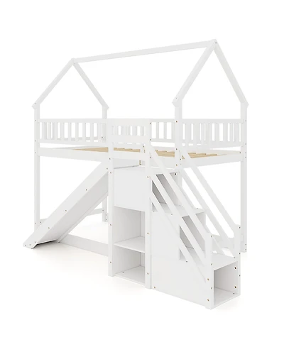 Gymax Twin Over Twin Bunk Bed w/Slide & Staircase Storage Compartments for Kids Teens