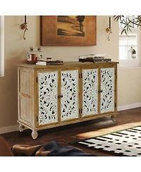 Lovmor Brand 4-Door Fir Wood & Mdf Distressed Finish, Hollow-Carved Doors + Accent Cabinet