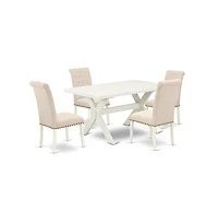 East West Furniture 5-Pc Dinette Set Included 4 Wood Dining chairs Upholstered Nails Head Seat and High Button Tufted Chair Back and Rectangular Dinin