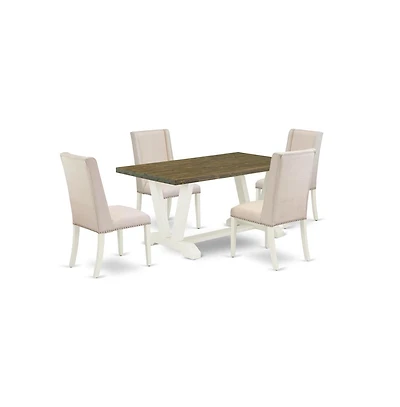 East West Furniture 5-Piece Stylish Dining Room Table Set an Excellent Distressed Jacobean Color Rectangular Dining Table Top and 4 Beautiful Linen Fa