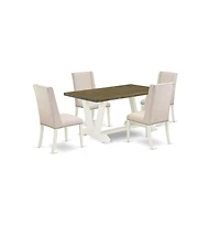 East West Furniture 5-Piece Stylish Dining Room Table Set an Excellent Distressed Jacobean Color Rectangular Dining Table Top and 4 Beautiful Linen Fa
