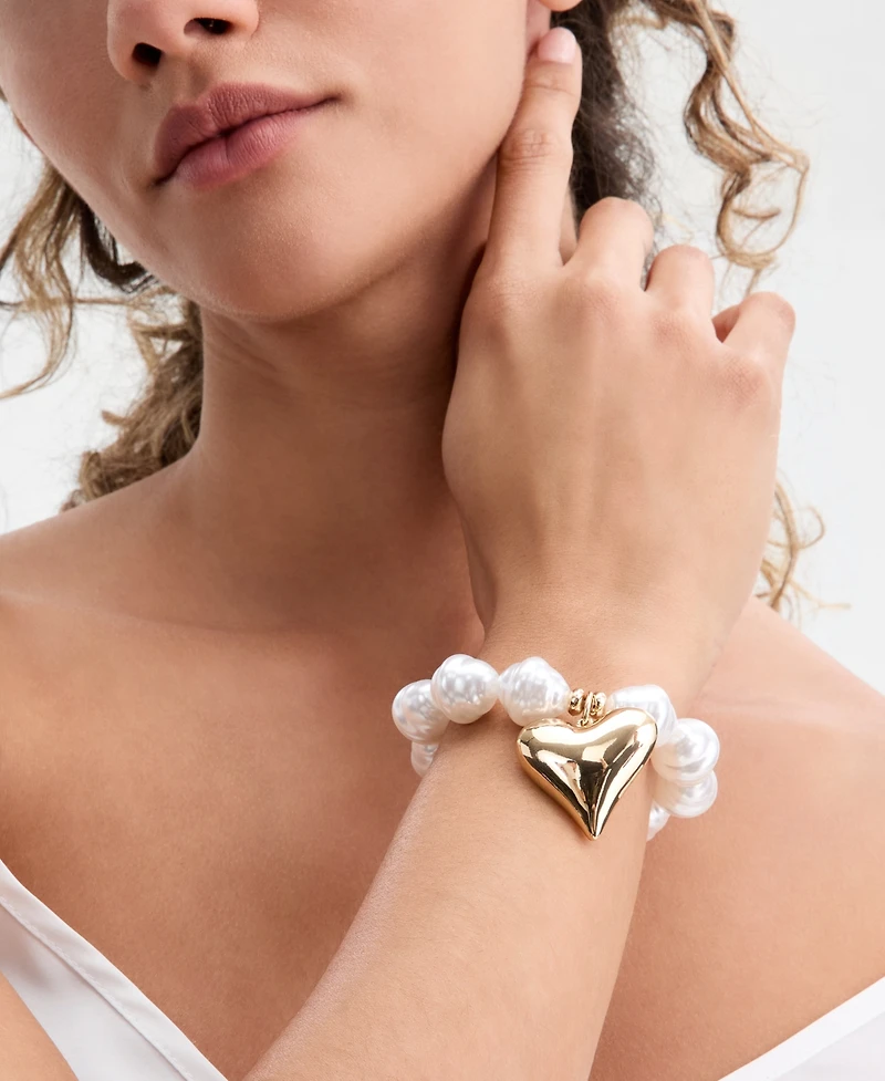 I.n.c. International Concepts Heart Charm Imitation Pearl Beaded Stretch Bracelet, Macy's Exclusive