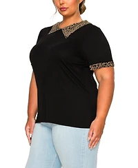 Coin 1804 Plus Pebble Mesh Collar Keyhole Back Short Sleeve Top