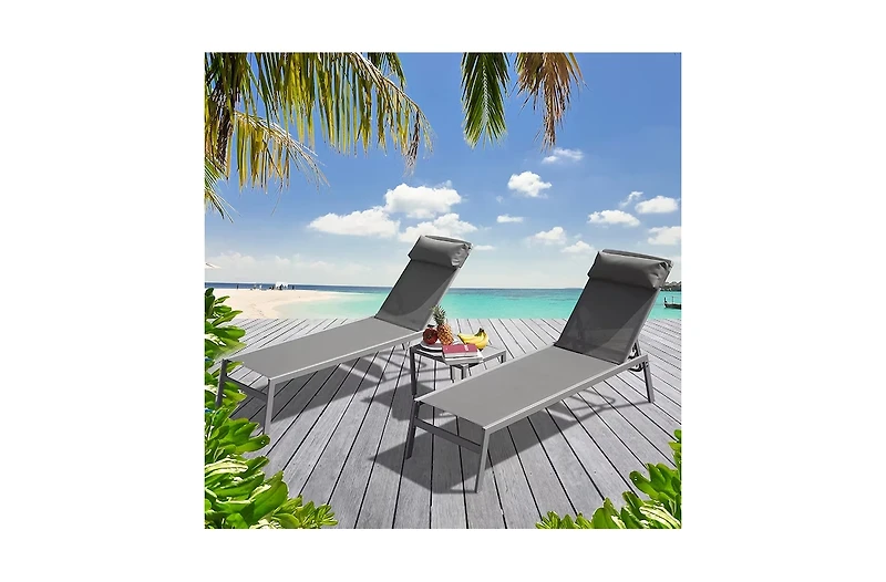 Clihome Patio Chaise Lounge Set of 3,Woven Patio Conversation Set with Gray