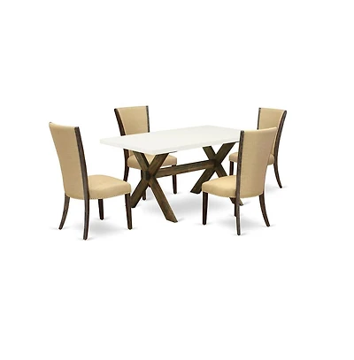East West Furniture 5Pc Dining Table Set Consists of a Wood Table and 4 Parsons Dining Room Chairs with Brown Color Linen Fabric, Medium Size Table wi