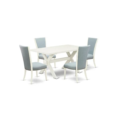 East West Furniture 5 Piece Modern Dining Table Set - 4 Baby Blue Linen Fabric Parson Dining Chairs with Nailheads and Linen White Wood Table