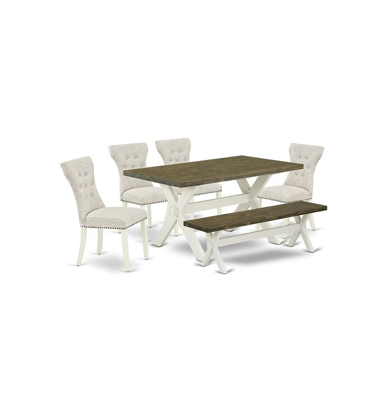 East West Furniture 6-Piece Wood Dining Table Set-Doeskin Linen Fabric Seat and Button Tufted Chair Back Modern Dining chairs, A Rectangular Bench and