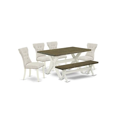 East West Furniture 6-Piece Wood Dining Table Set-Doeskin Linen Fabric Seat and Button Tufted Chair Back Modern Dining chairs, A Rectangular Bench and