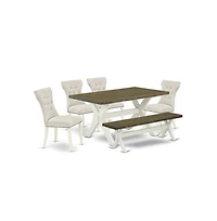 East West Furniture 6-Piece Wood Dining Table Set-Doeskin Linen Fabric Seat and Button Tufted Chair Back Modern Dining chairs, A Rectangular Bench and