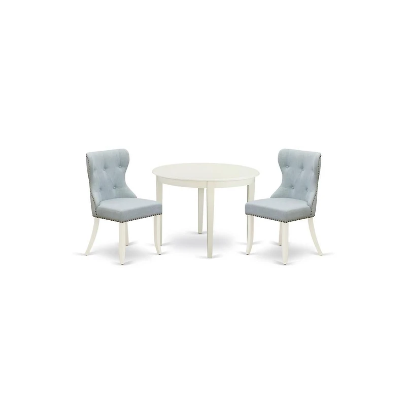 East West Furniture kitchen table set of 2 wonderful kitchen chairs with Linen Fabric Baby Blue color and a lovely dinner table with Linen White color