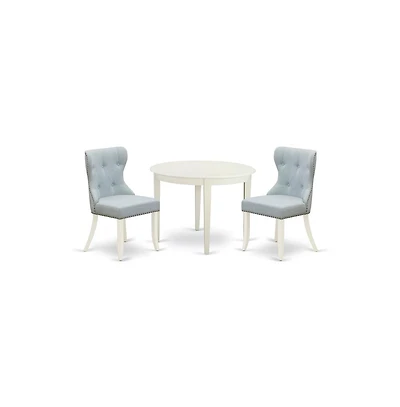 East West Furniture kitchen table set of 2 wonderful kitchen chairs with Linen Fabric Baby Blue color and a lovely dinner table with Linen White color
