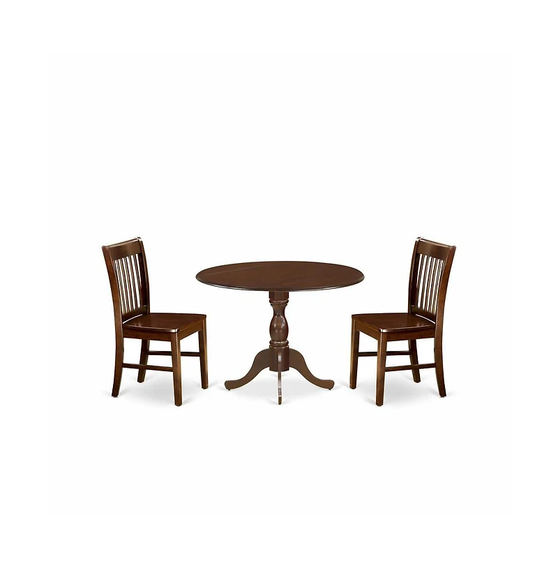 East West Furniture 3 Pc Kitchen Dining Table Set - Mahogany Dropleaf Dining Table and 2 Mahogany Kitchen Chairs with Slatted Back - Mahogany Finish