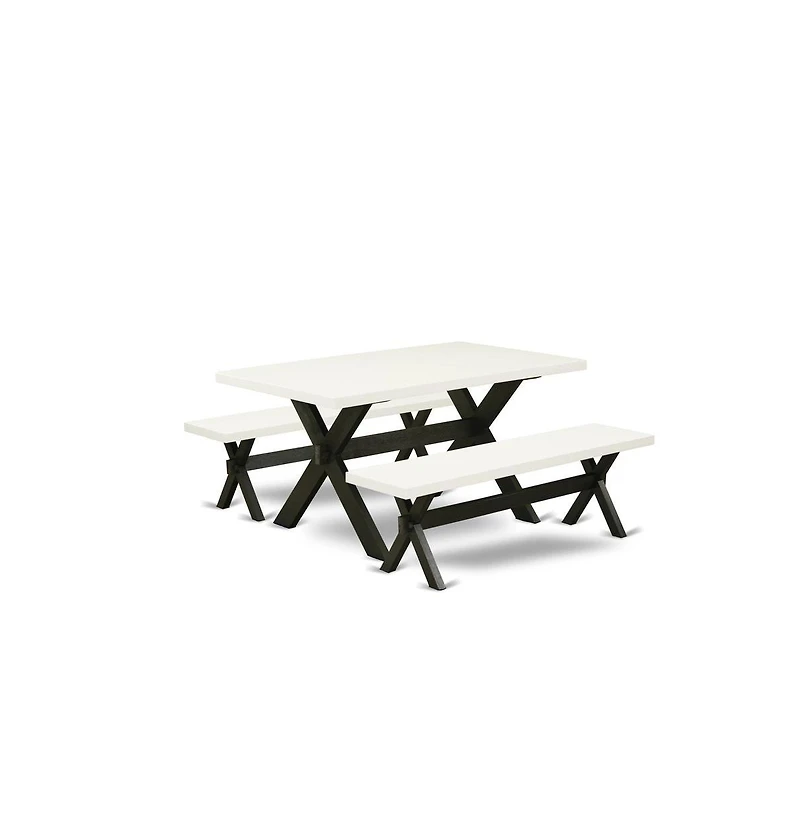 East West Furniture 3 Piece Kitchen Set - 1 Linen White Dining Room Table and 2 Modern Benches - Stable and Sturdy Constructed