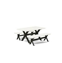 East West Furniture 3 Piece Kitchen Set - 1 Linen White Dining Room Table and 2 Modern Benches - Stable and Sturdy Constructed