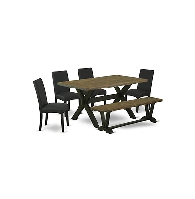 East West Furniture 6-Piece Dining Table Set- 4 Kitchen Chairs with Black Linen Fabric Seat and Stylish Chair Back