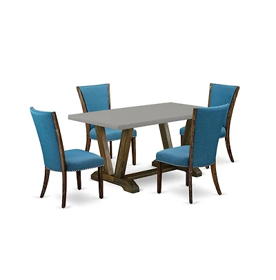 East West Furniture 5Pc Dining Table Set Offers a Dining Table and 4 Parsons Dining Room Chairs with Blue Color Linen Fabric, Distressed Jacobean and