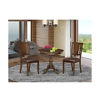 East West Furniture 3 Piece Modern Dining Table Set Contains 1 Round Pedestal Table and 2 Mahogany Faux Leather Kitchen Chair with Panel Back