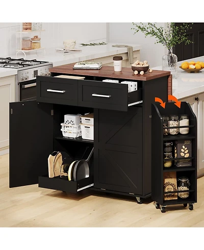Maison Boucle 35.8" White Farmhouse Kitchen Island with Drop Leaf, Hidden Trash Bin, Removable Side Rack, Storage Drawers & Locking Wheels-Maison Bouc