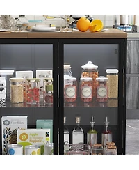 Kitchen island with 3 drawers, glass shelves, light strip, kitchen island storage table with dining table, coffee station and microwave rack for home,