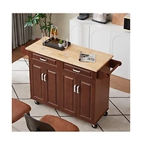 Maison Boucle 54" Rolling Kitchen Island Cart with Drawers, Cabinets, Spice Rack & Towel Bar, Walnut Finish-Maison Boucle