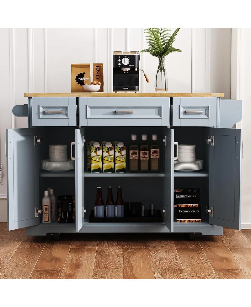Maison Boucle 47.2" Grey Blue Kitchen Island Cart with Drop Leaf, Drawers, Cabinets, Adjustable Shelves & Spice Rack on Wheels-Maison