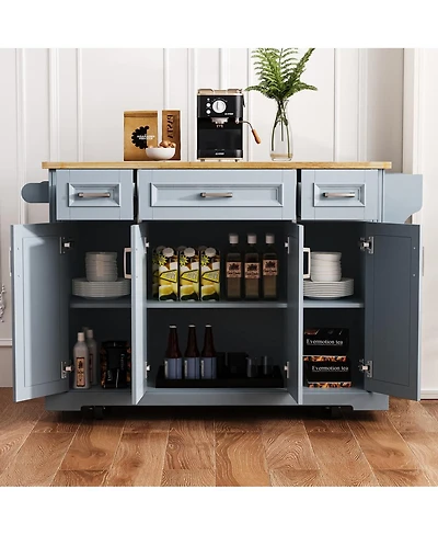 Maison Boucle 47.2" Grey Blue Kitchen Island Cart with Drop Leaf, Drawers, Cabinets, Adjustable Shelves & Spice Rack on Wheels-Maison