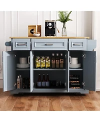 Maison Boucle 47.2" Grey Blue Kitchen Island Cart with Drop Leaf, Drawers, Cabinets, Adjustable Shelves & Spice Rack on Wheels-Maison