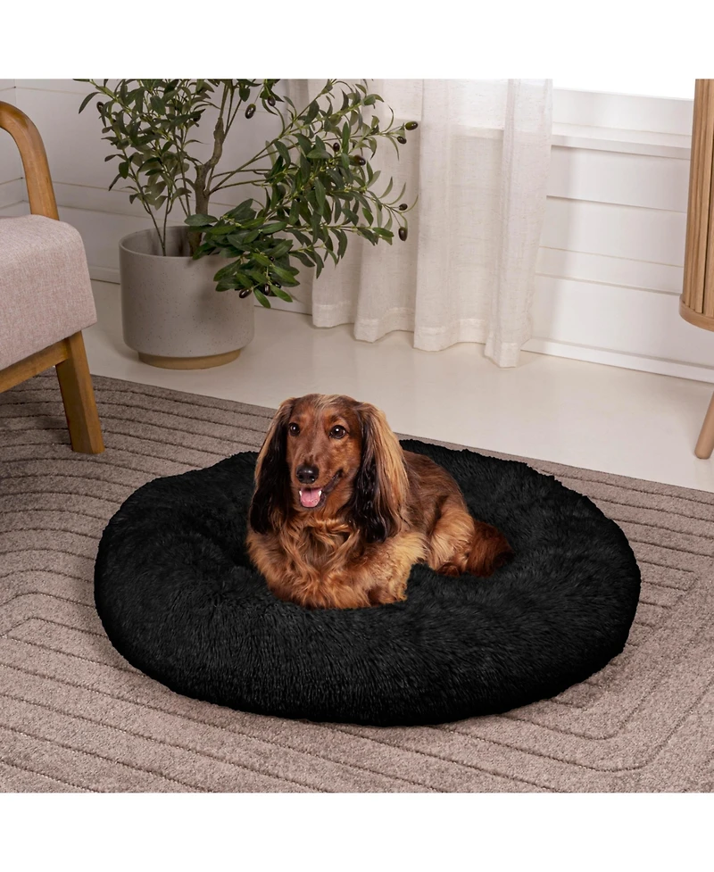 The Licker Store Maisie Bohemian Glam Faux Fur Round Fluffy Calming Donut Pet Bed with Washable Cover