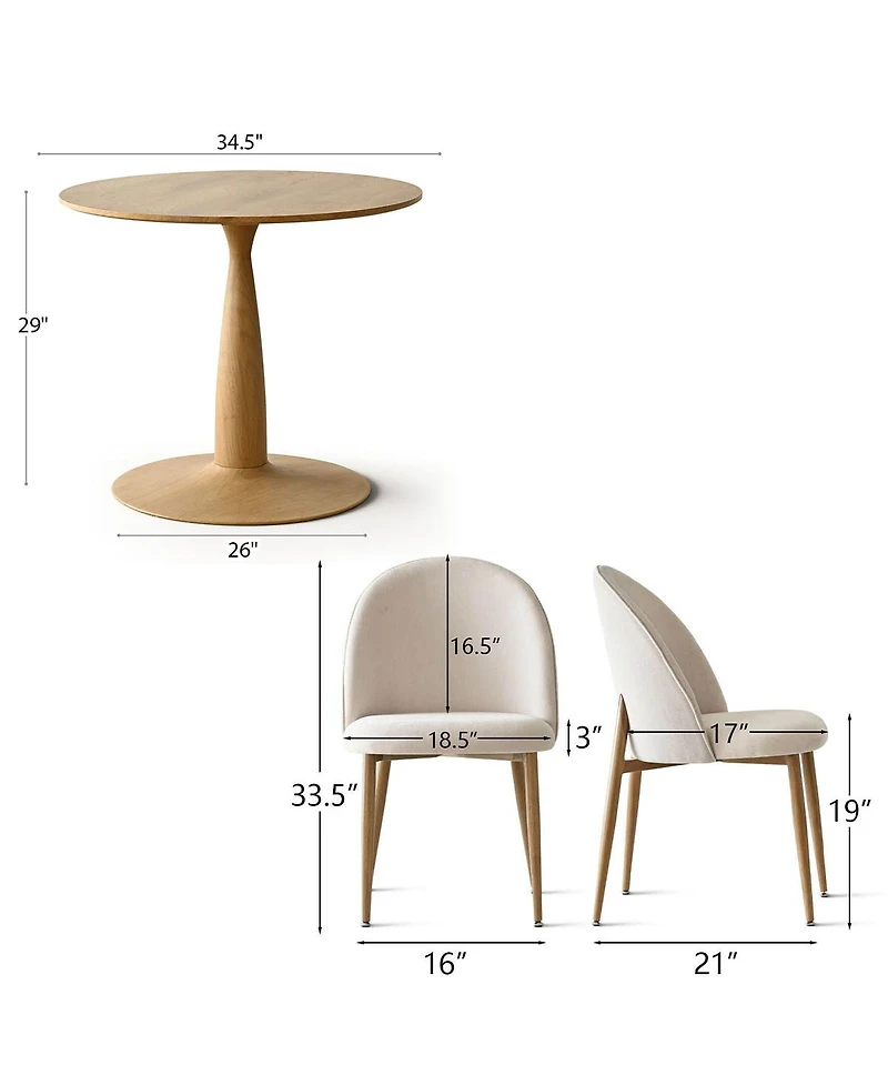 Maison Boucle 3-Piece 34.5 Inch Round Dining Set with Wood-Look Pedestal Table and 2 Upholstered Chairs with Wood-Tone Metal Legs-Maison Boucle