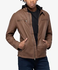Xray Men's Hooded Stand Collar Pu Leather Jacket
