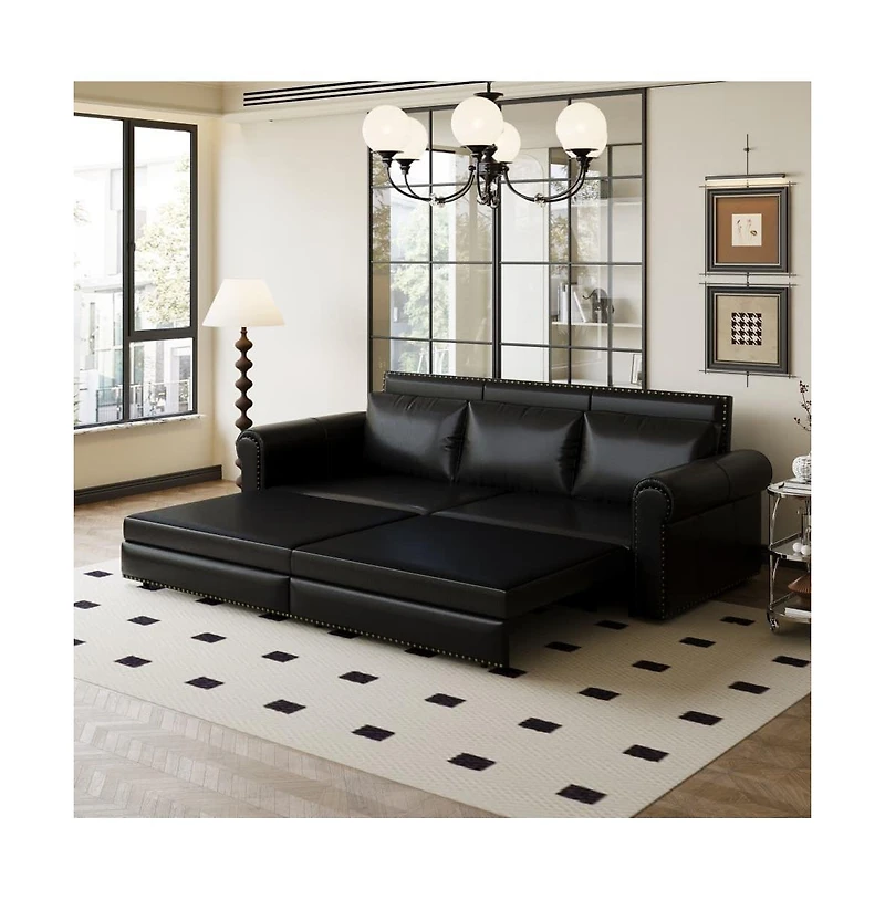 Maison Boucle 93.7" Faux Leather King Pull Out Sofa Bed, 3-in-1 Convertible Sleeper Couch with Rolled Arms & Nailhead Trim for Living Room-Maison Bouc