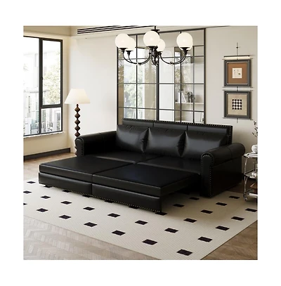 Maison Boucle 93.7" Faux Leather King Pull Out Sofa Bed, 3-in-1 Convertible Sleeper Couch with Rolled Arms & Nailhead Trim for Living Room-Maison Bouc