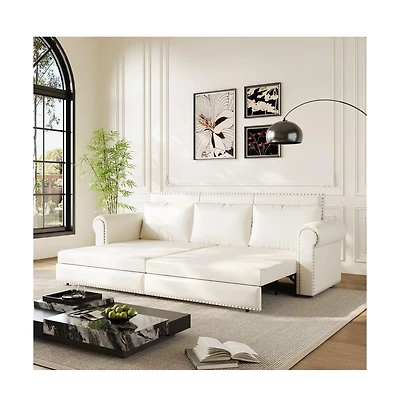 Maison Boucle 93.7" Faux Leather King Pull Out Sofa Bed, 3-in-1 Convertible Sleeper Couch with Rolled Arms & Nailhead Trim for Living Room-Maison Bouc
