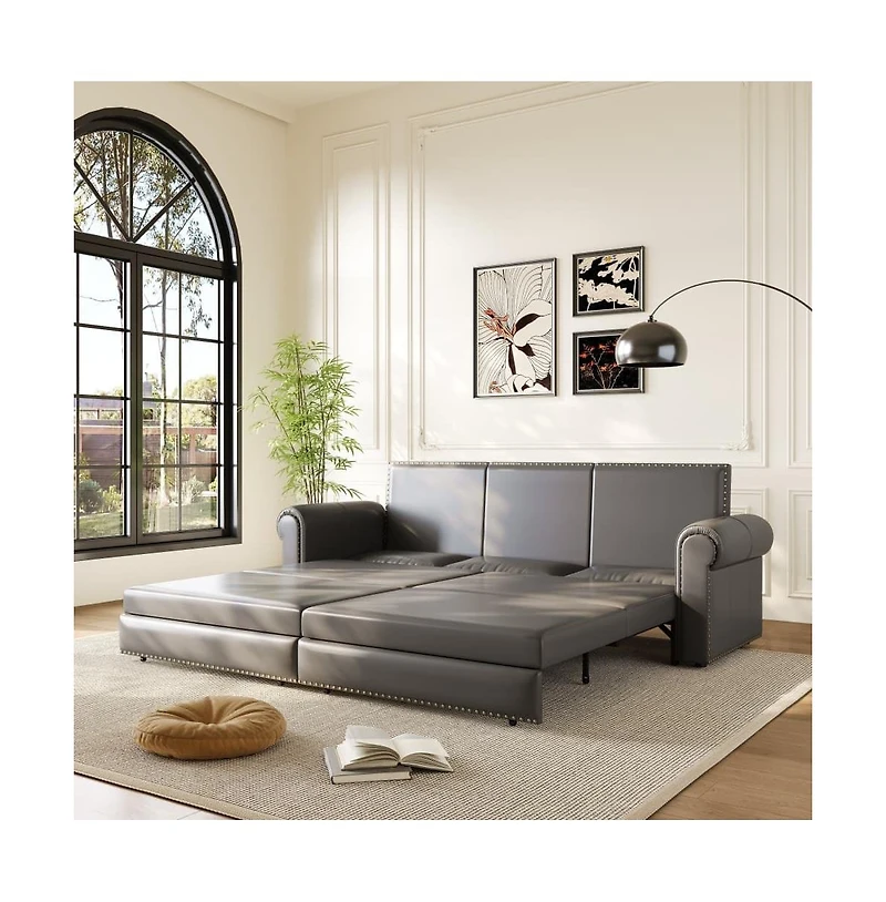 Maison Boucle 93.7" Faux Leather King Pull Out Sofa Bed, 3-in-1 Convertible Sleeper Couch with Rolled Arms & Nailhead Trim for Living Room-Maison Bouc